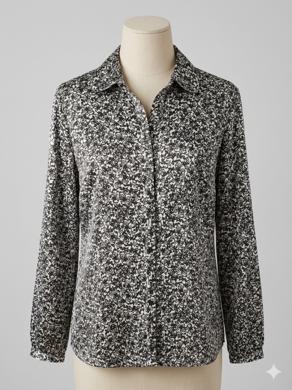 Croft & Barrow Black White Damask Floral Satin Button Down Blouse- M